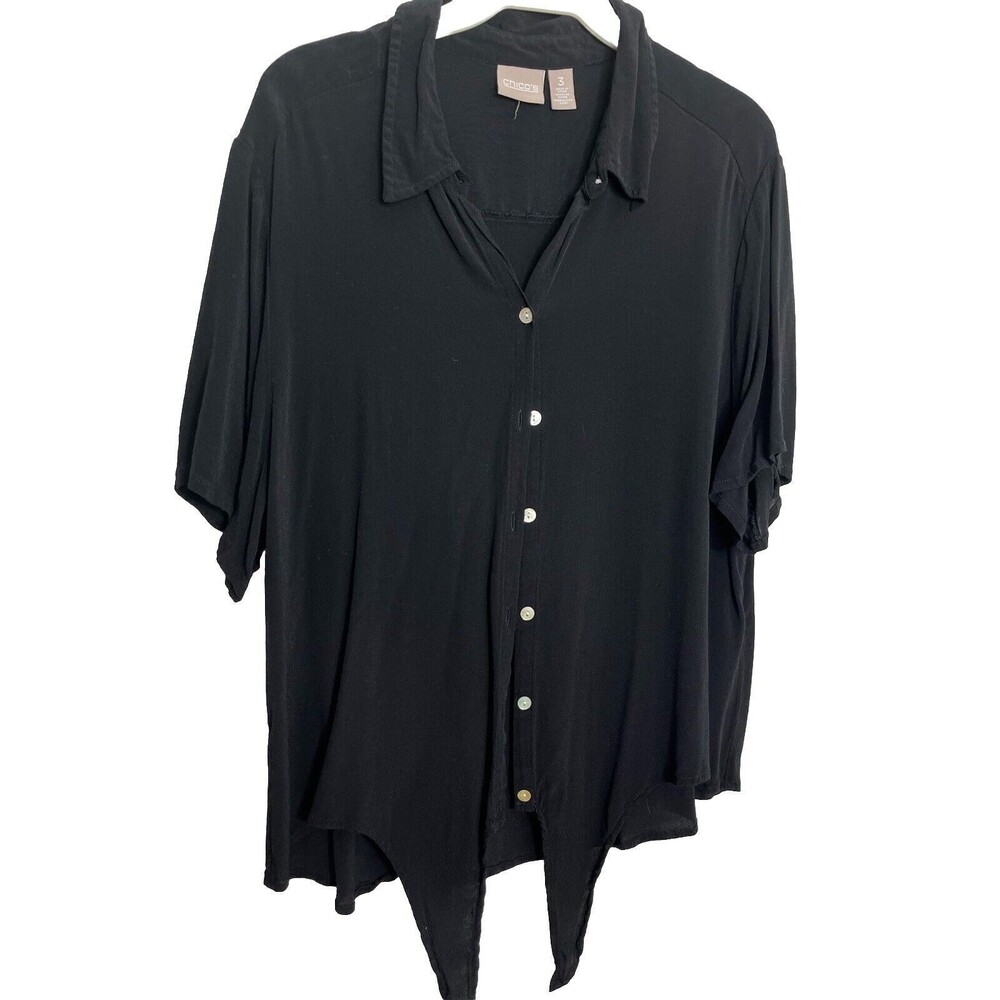 Chicos Black Button Down Tie Front Abalone Button Blouse sz 3 / 16 XL  (11)
